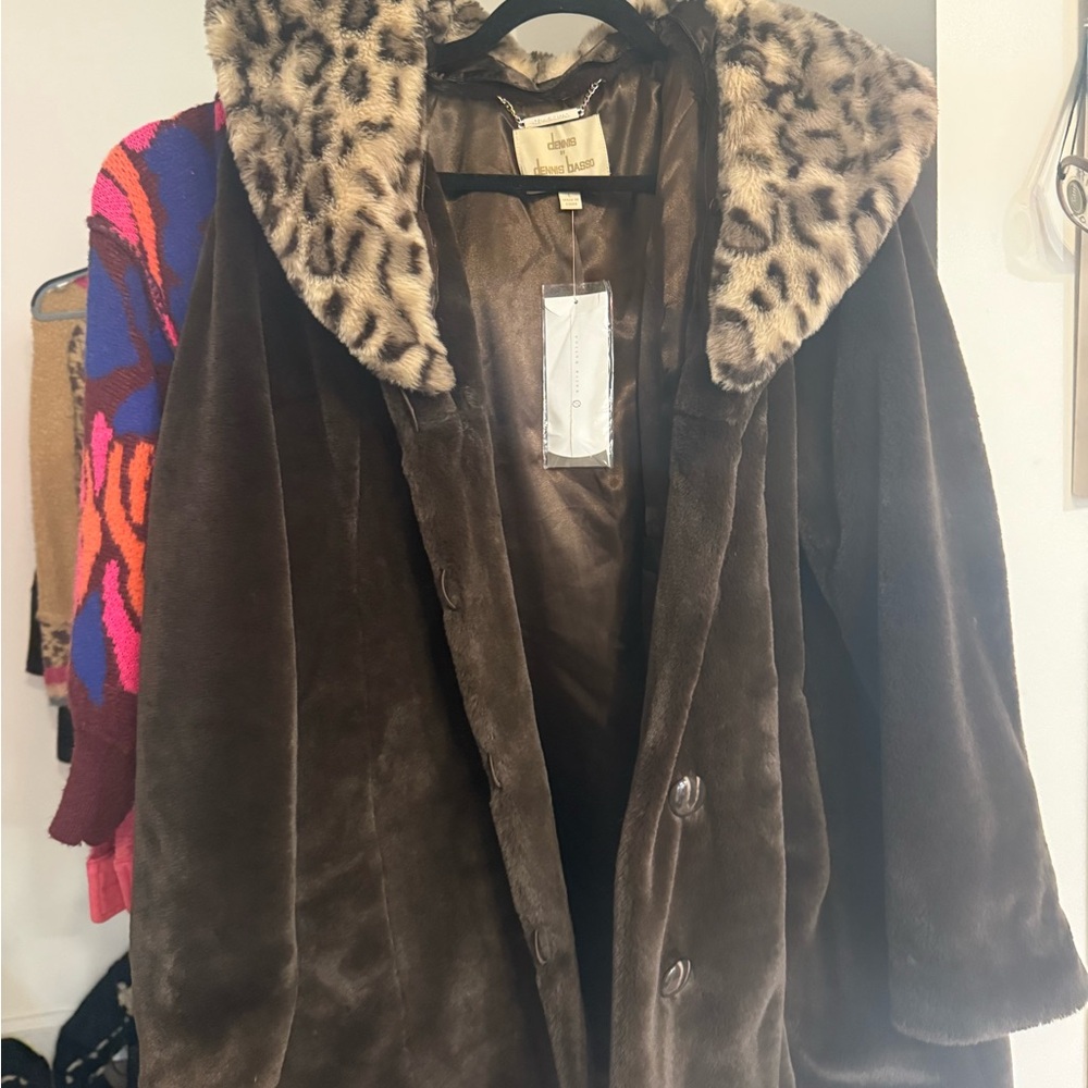 Dennis Basso Brown Teddy Jacket with Leopard Print Collar